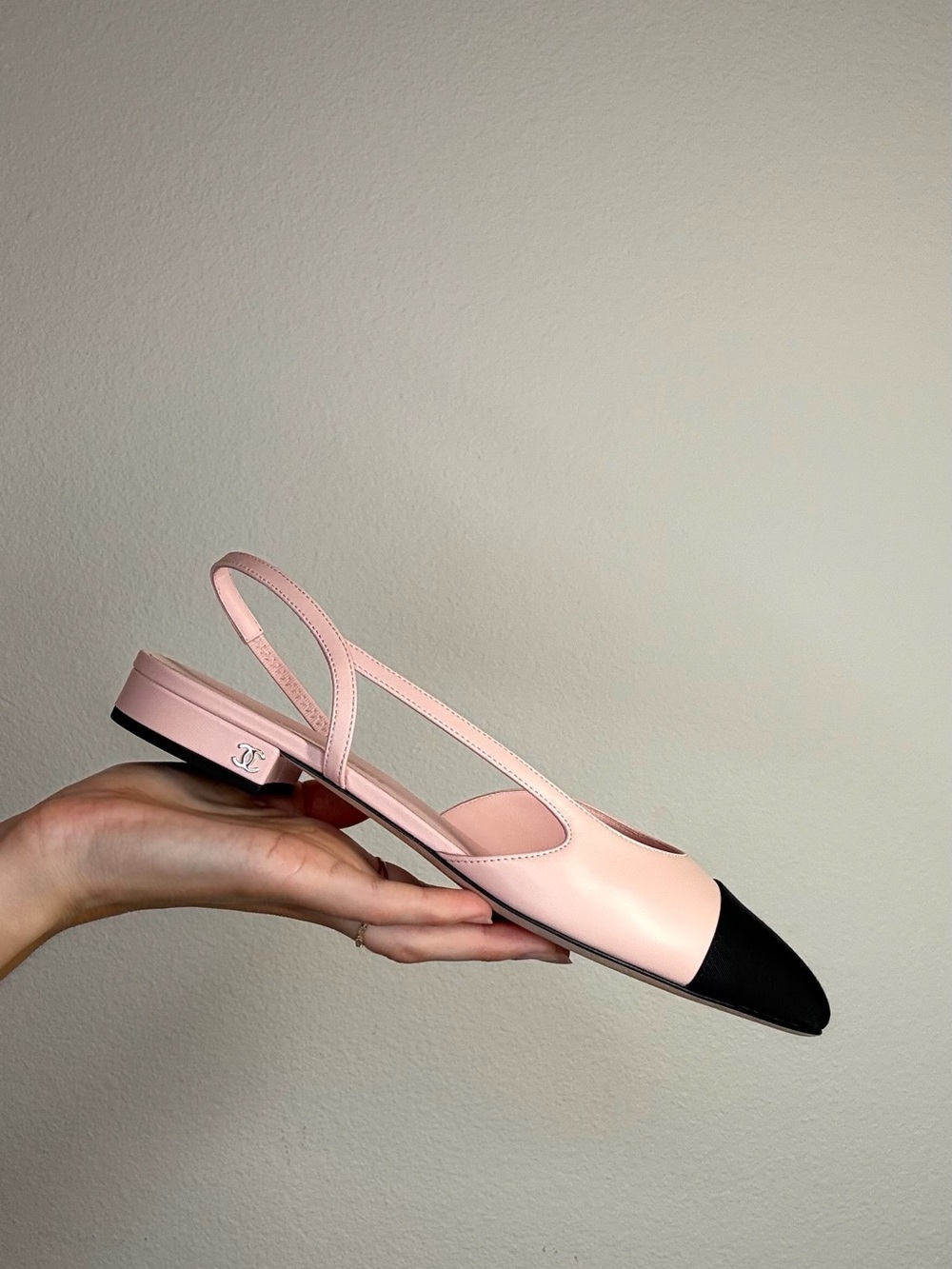 CHANEL Pink and Black Two-Tone Slingback Flats